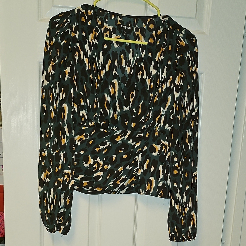Express Women's Black and Tan Animal Print Blouse